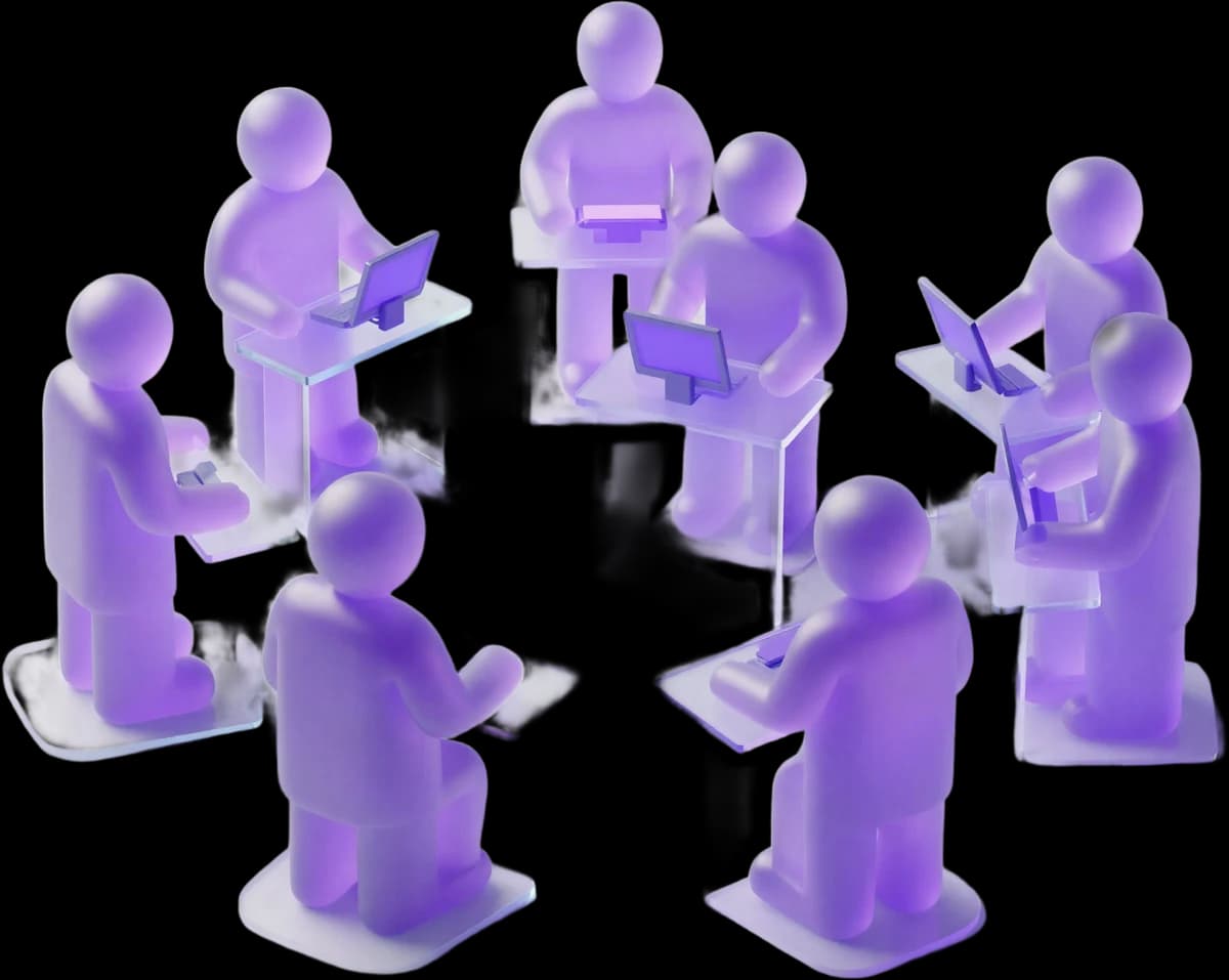 A team of helpers, each at its own desk, working